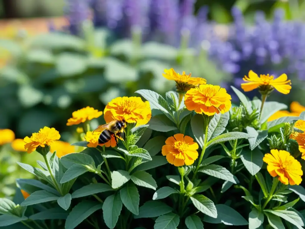 Un jardín exuberante con plantas repelentes de insectos como caléndulas, lavanda, menta y citronela, bañado por la luz del sol