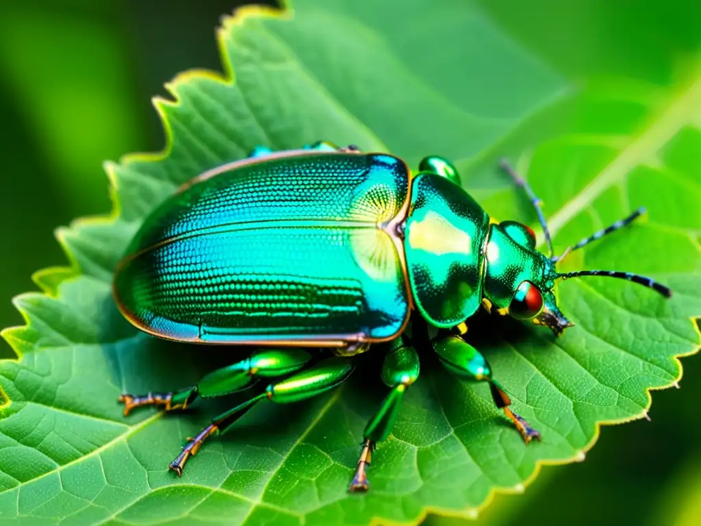 Un fascinante descubrimiento de nuevas especies de insectos: un vibrante escarabajo verde metálico descansando en una hoja, con sus intrincados detalles y texturas resaltando en su hábitat natural