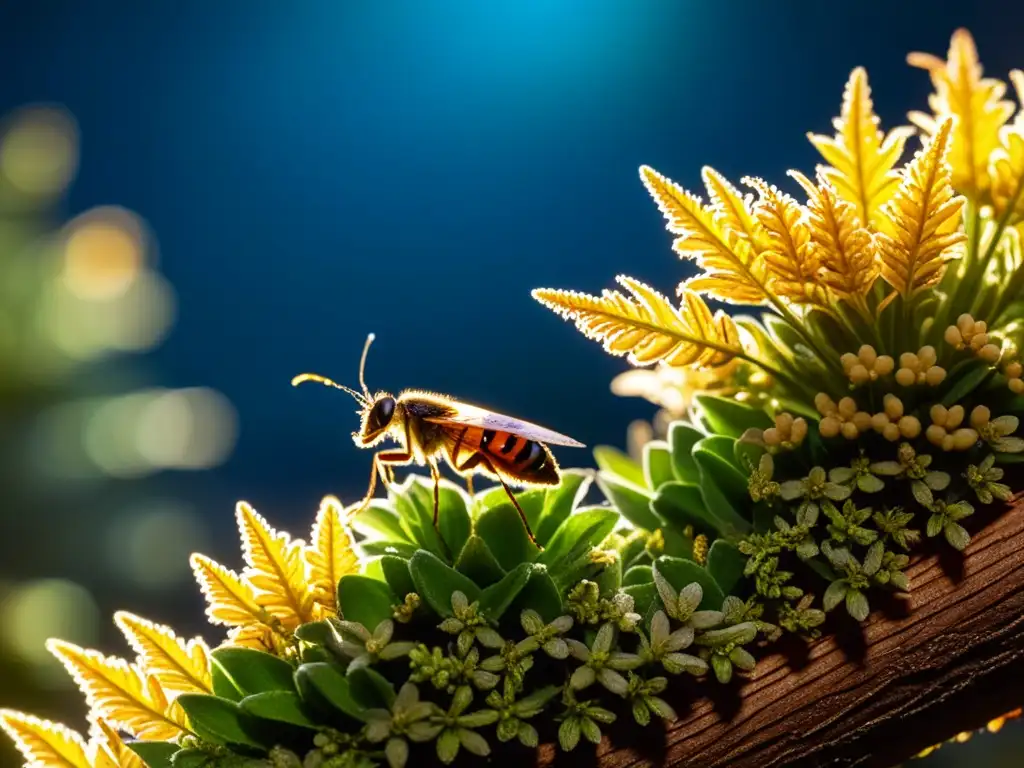 Un fascinante ecosistema nocturno, con insectos iluminados por una suave luz cálida