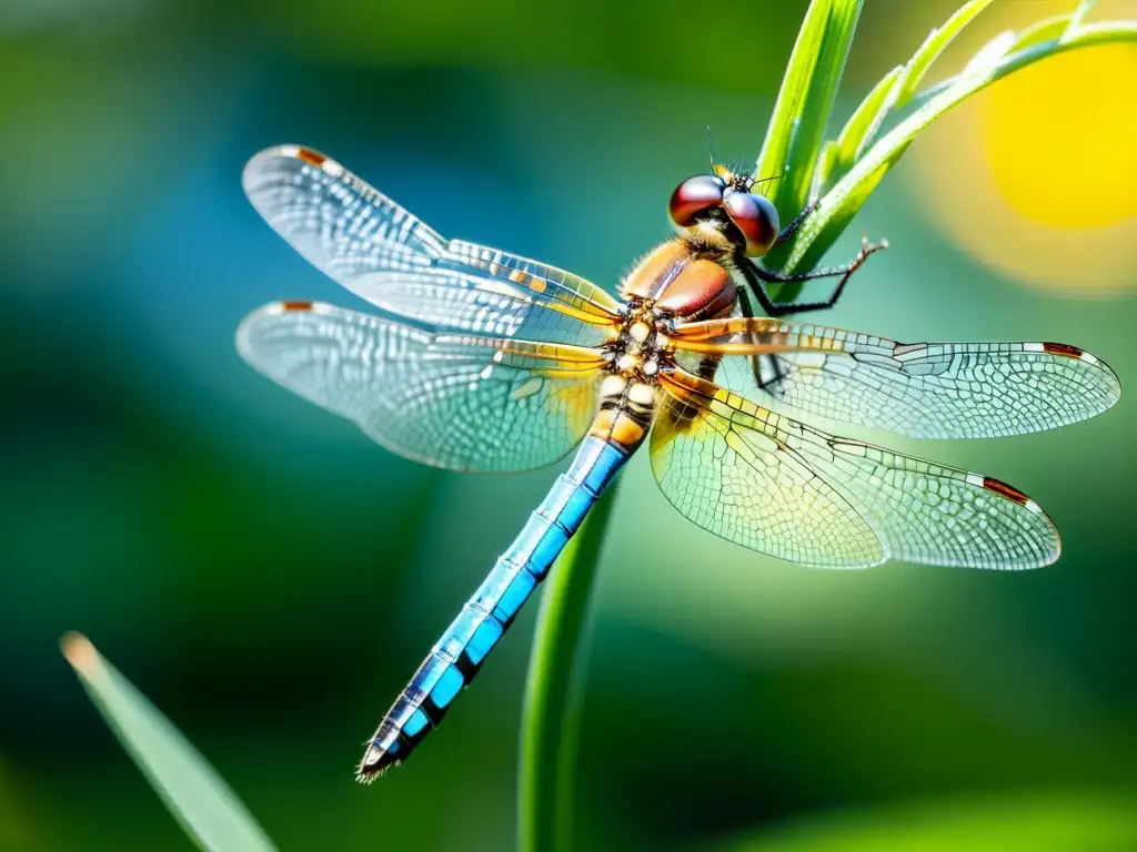 'Una fascinante libélula iridiscente descansa sobre una brizna de hierba, mostrando la belleza de los insectos