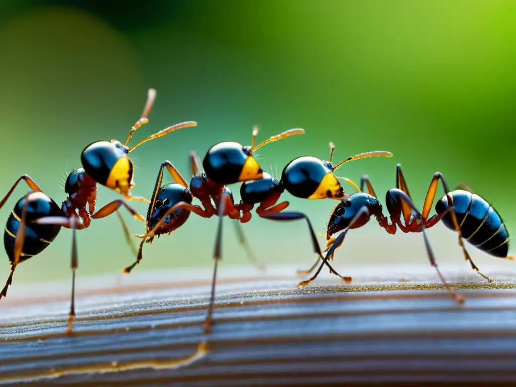 Un fascinante primer plano detallado de un grupo de hormigas comunicándose a través de intrincadas sendas químicas, destacando la compleja red de feromonas y la sofisticada comunicación de insectos artrópodos