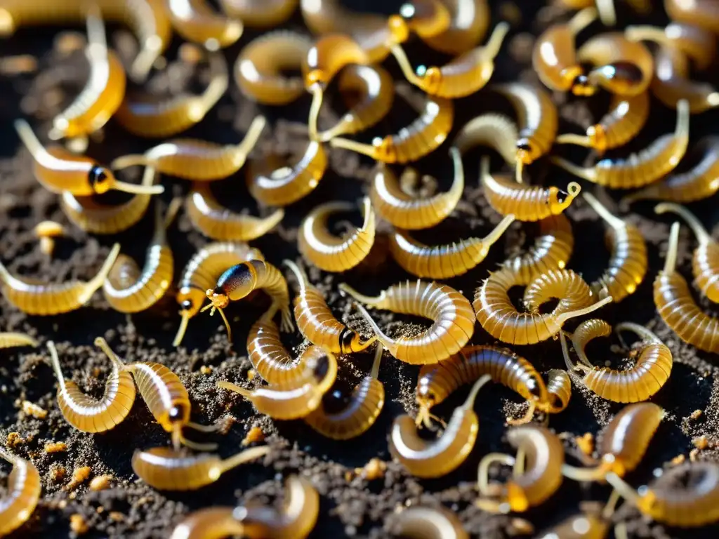 Un fascinante primer plano de gusanos de la harina orgánicos en un lecho de tierra fértil