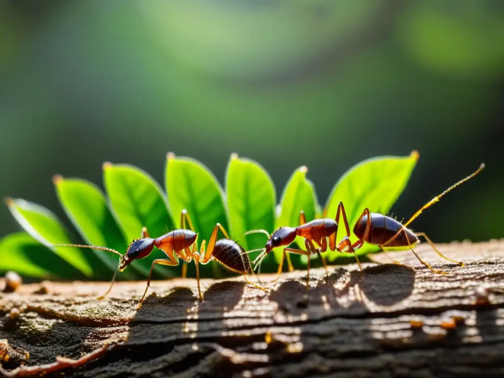 Una fila de hormigas cortadoras de hojas llevando meticulosamente hojas verdes a través de un frondoso y denso bosque lluvioso