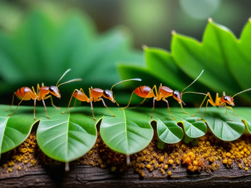 Una fila de hormigas cortadoras de hojas transporta pequeños trozos de hojas a través de un exuberante bosque tropical