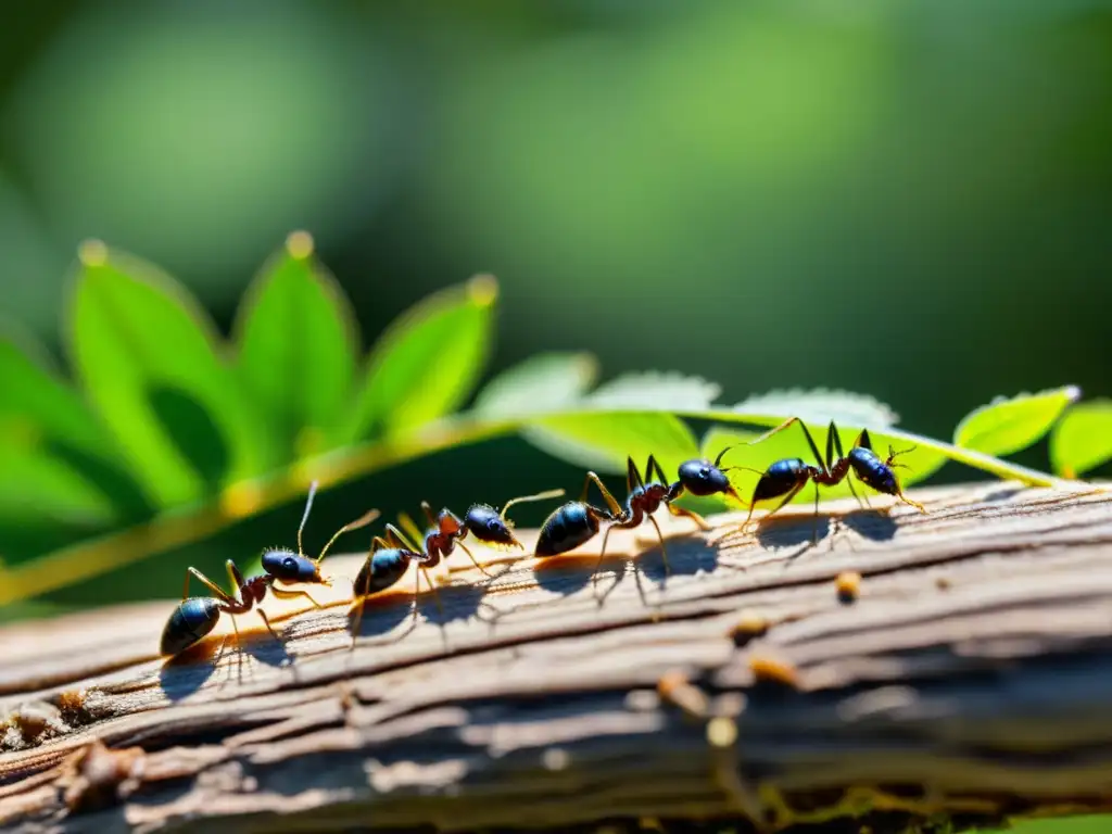 Una fila de hormigas negras llevando trozos de hojas y ramitas en el suelo del bosque, con la luz del sol filtrándose a través del dosel