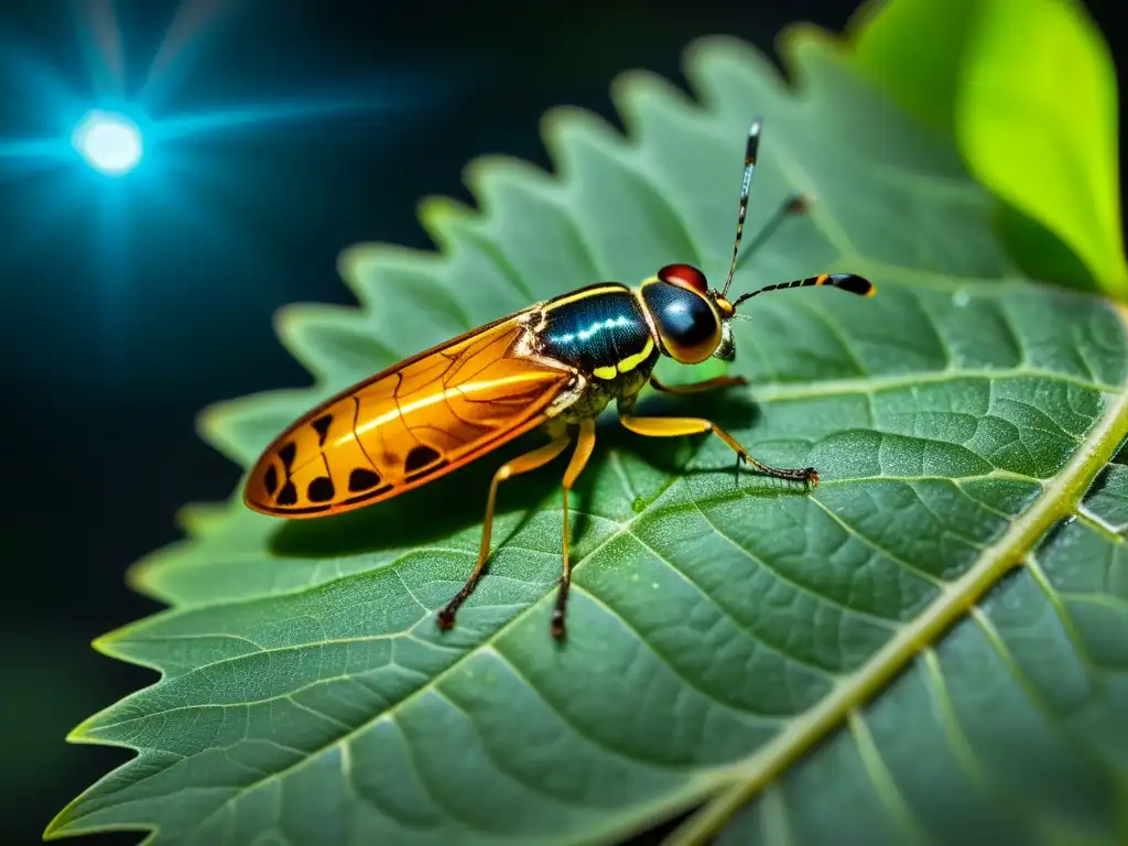 Un firefly brilla en la oscuridad sobre una hoja