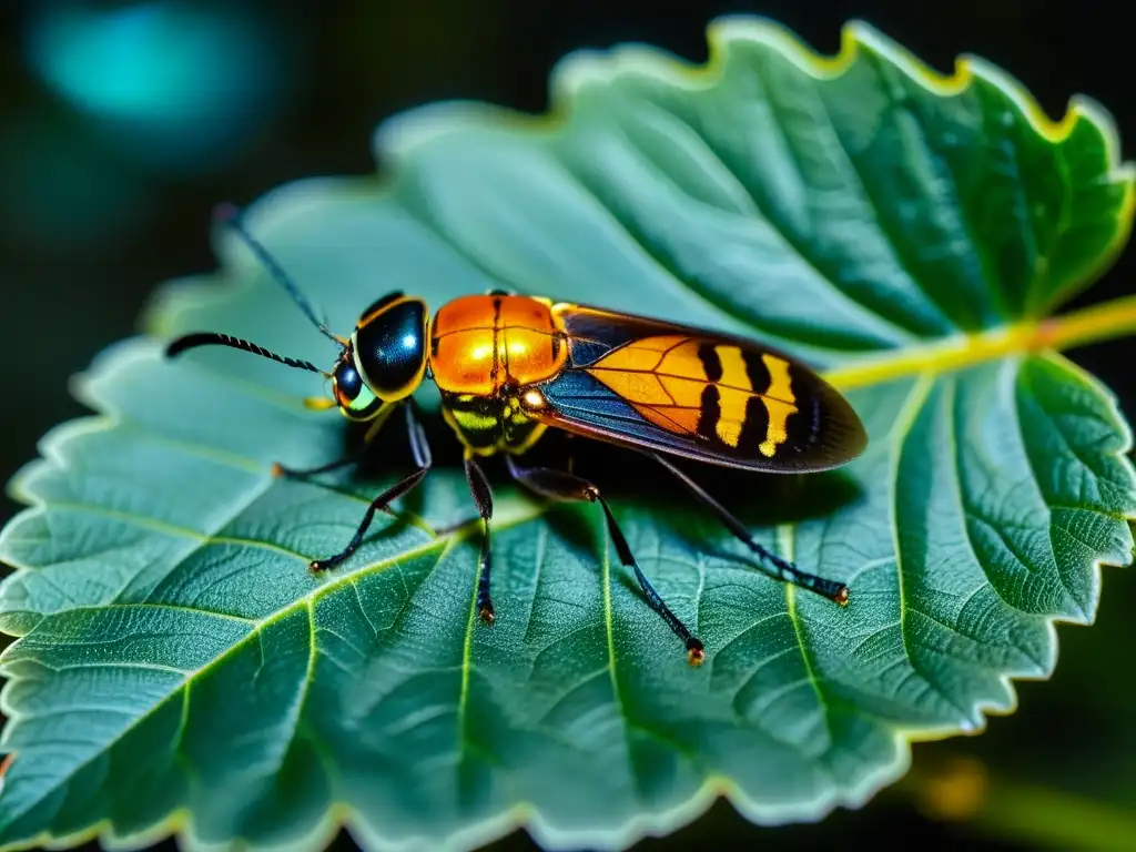 Un firefly en un primer plano, con su abdomen brillante en la oscuridad