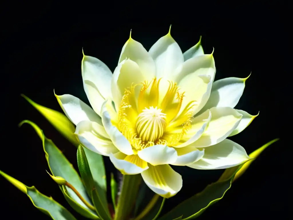 Una flor de cactus de noche en primer plano, con pétalos blancos y centro amarillo, iluminada por la suave luz de la luna en un fondo oscuro