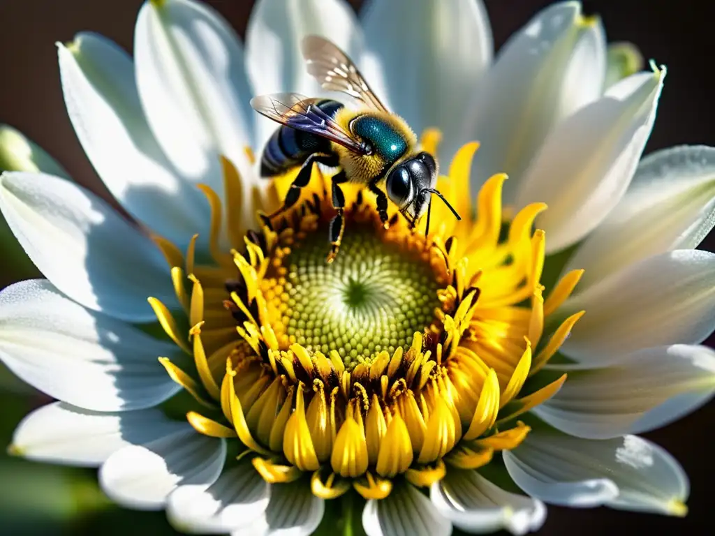 Una flor vibrante con polen y un abejorro en vuelo, resalta la importancia de estrategias para salvar polinizadores