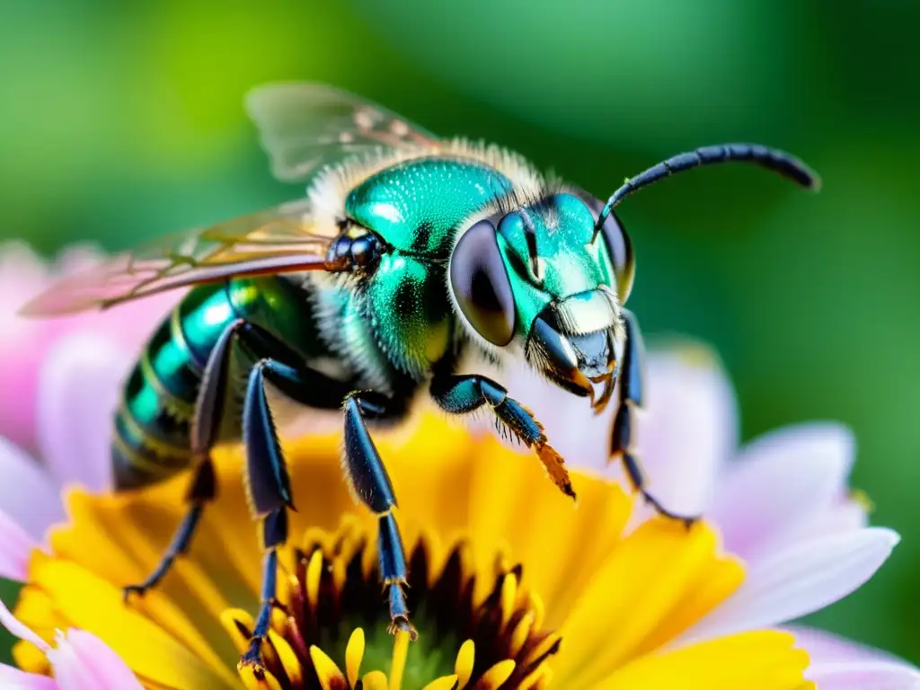 Una foto macro de una abeja sudor metálica verde vibrante posada en un pétalo de flor