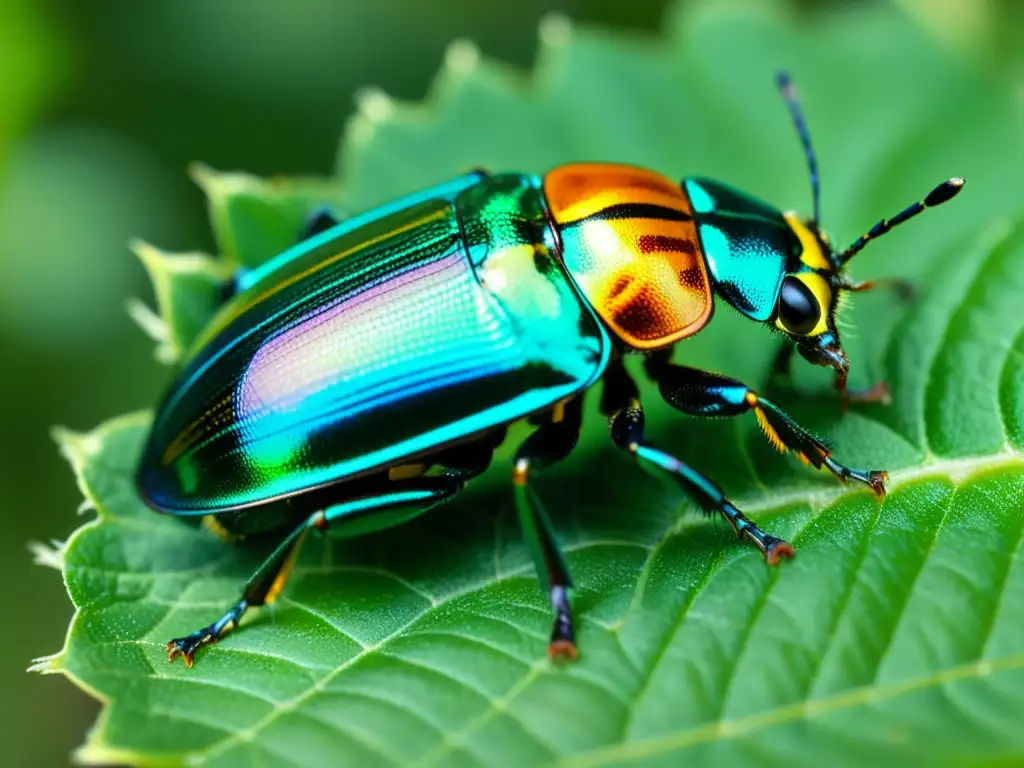 Una foto macro de brillantes escarabajos sobre una hoja, mostrando sus texturas y colores iridiscentes