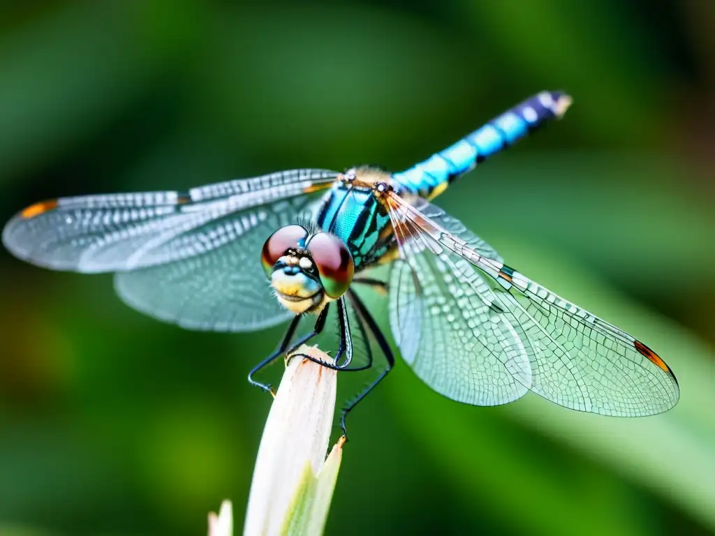 Foto macro de una libélula en vuelo, mostrando detalles enigmáticos de sus alas transparentes y su cuerpo iridiscente