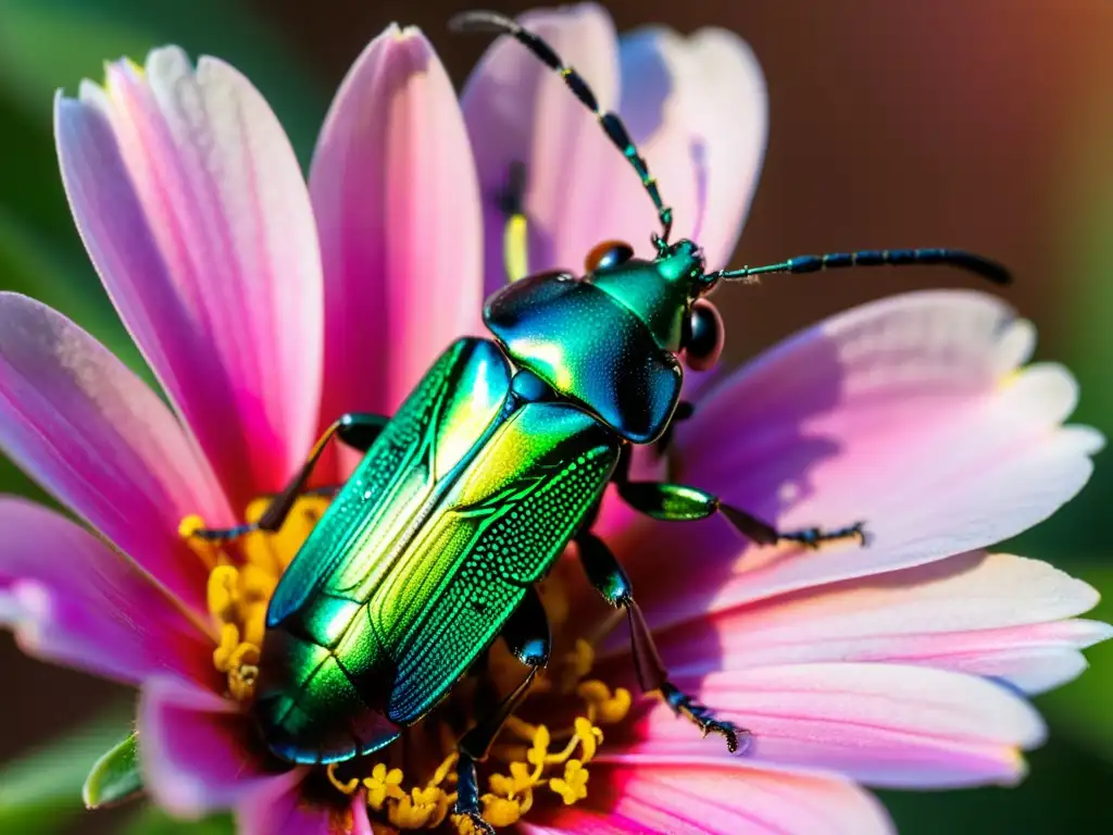 Un frágil escarabajo metálico verde en peligro de extinción descansa en una flor rosada