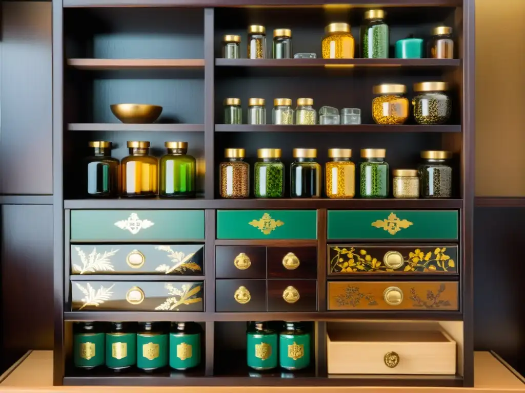 Un gabinete de boticario japonés, con madera oscura, diseños en hoja de oro y cajones repletos de hierbas y sustancias