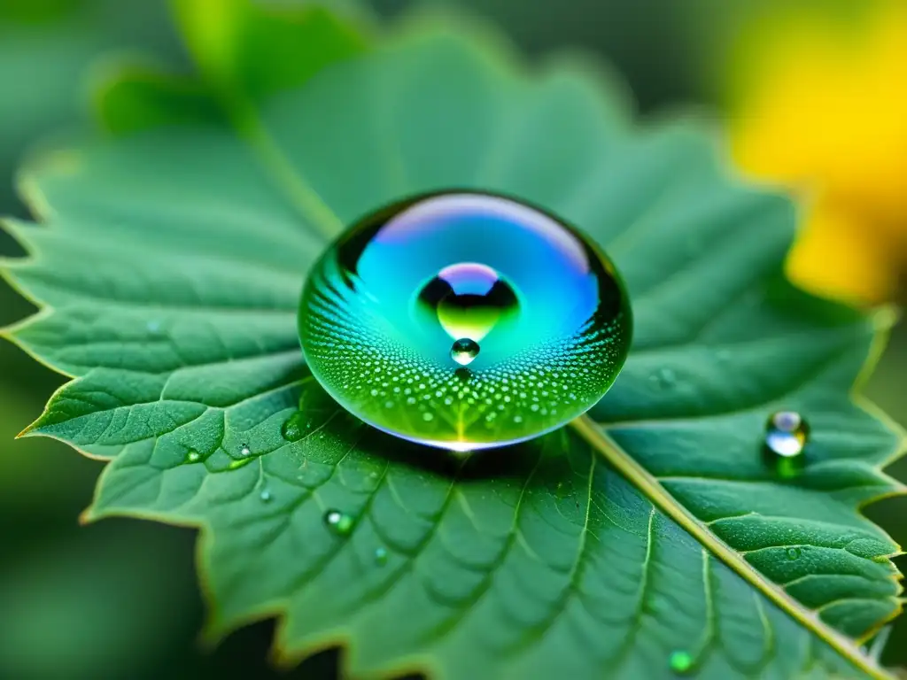 Gotas de agua en hoja verde, reflejo del paisaje