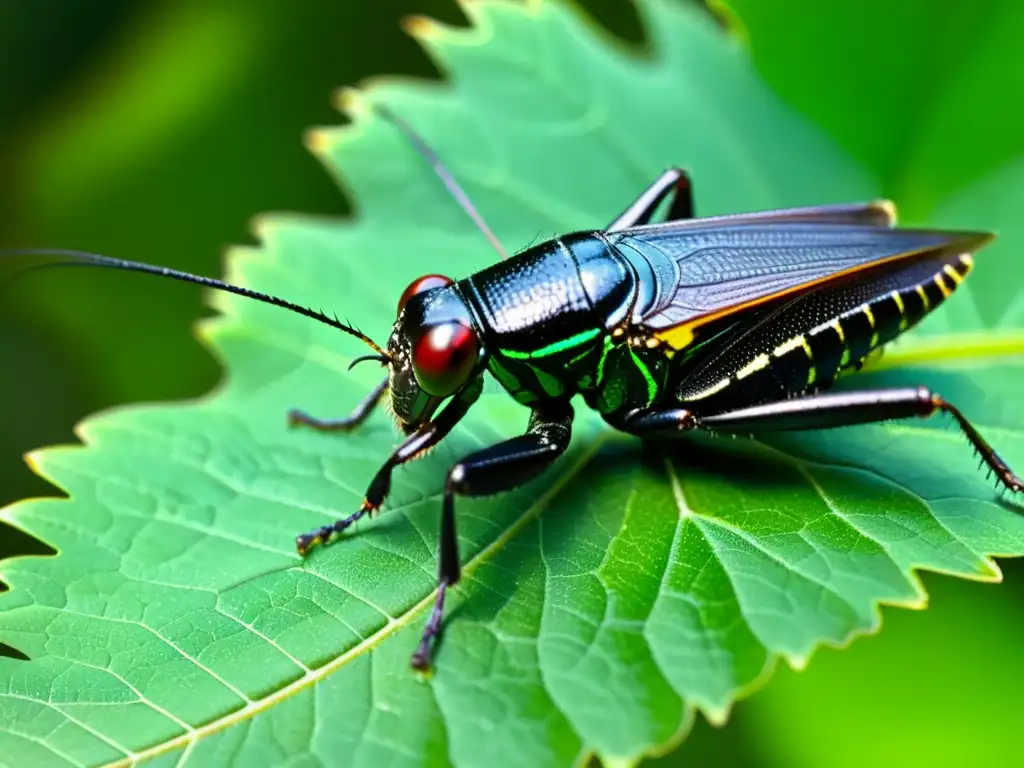 Un grillo negro brillante posado en una hoja verde, con ojos compuestos y alas plegadas