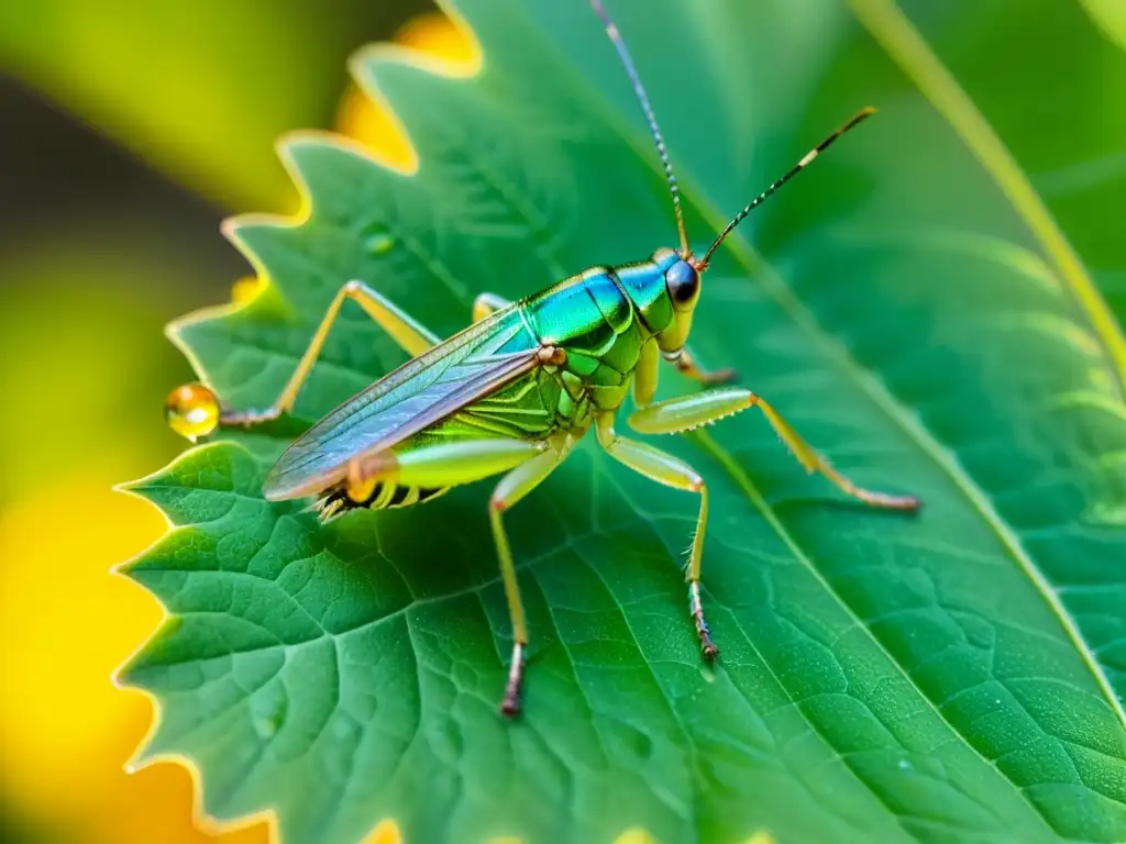 Un grillo verde vibrante descansa sobre una hoja, sus alas translúcidas proyectan sombras delicadas