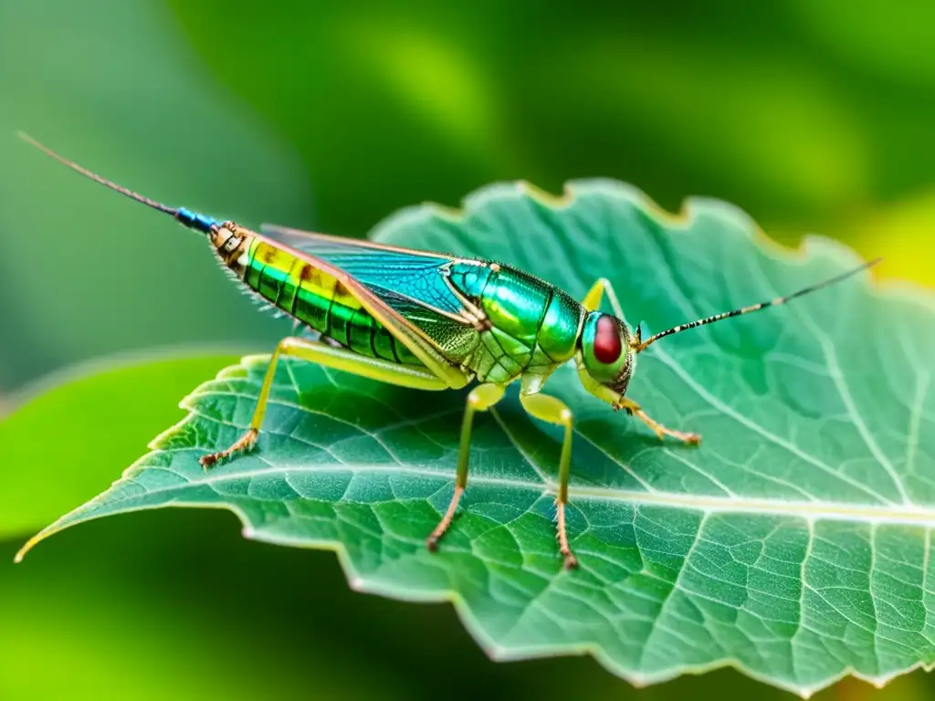 Un grillo verde vibrante descansa en una hoja, con sus alas transparentes desplegadas