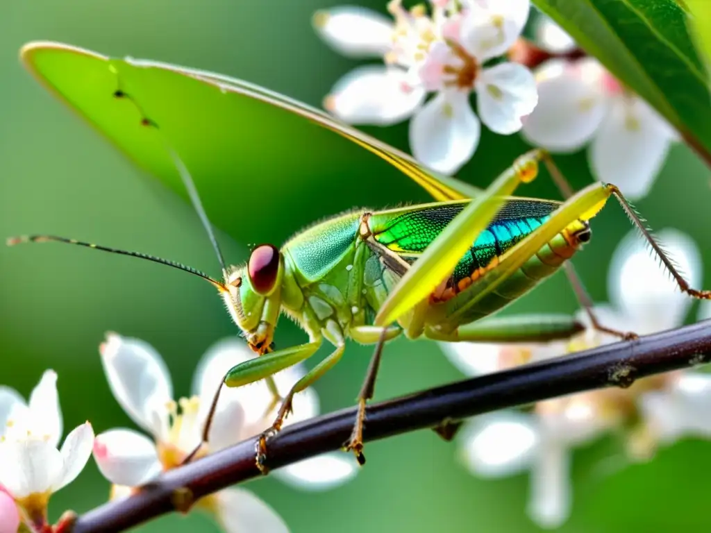 Un grillo verde vibrante posado en una rama de cerezo, mostrando sus detalles y textura