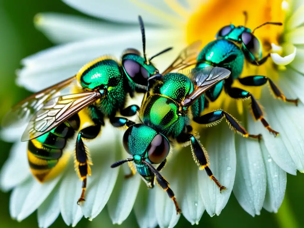 Un grupo de abejas del sudor (Halictidae) cubiertas de gotas de agua en una flor, destacando su adaptación al estrés térmico