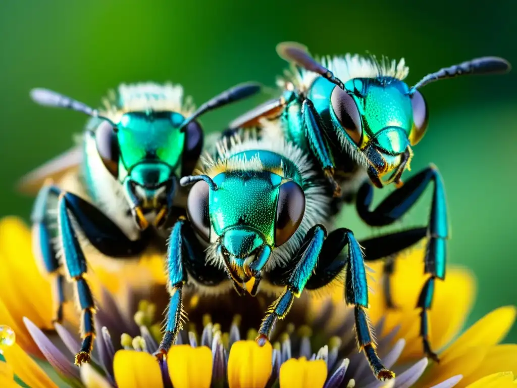 Un grupo de abejas sudorosas (Halictidae) en una flor, con alas iridiscentes bajo el sol