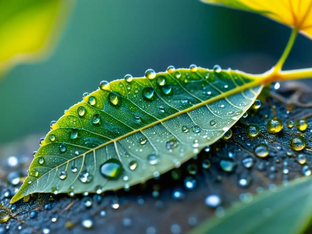 Un grupo de brillantes escarabajos explorando una hoja cubierta de gotas de savia