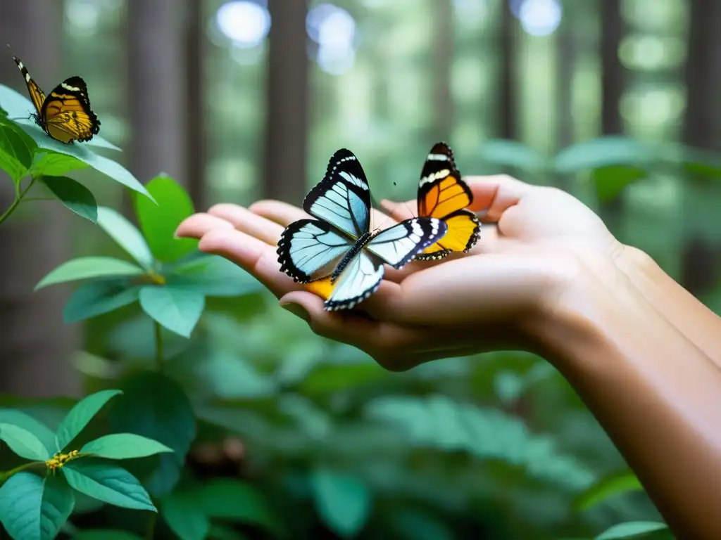 Un grupo de científicos ciudadanos libera cuidadosamente mariposas en un bosque, mostrando la conservación de insectos amenazados