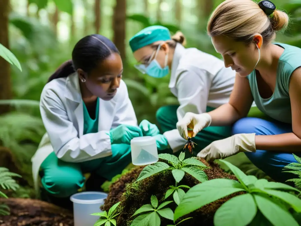 Un grupo de colaboradores recolecta muestras de insectos con cuidado en un exuberante bosque