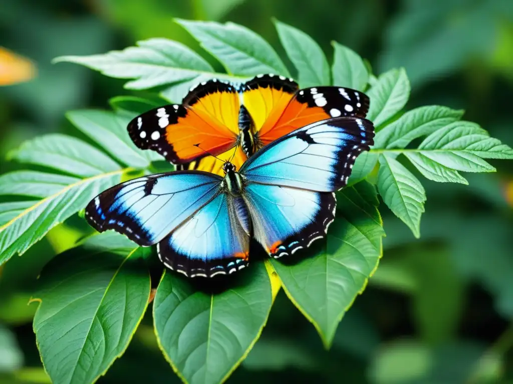 Un grupo de coloridas mariposas descansa en una hoja verde brillante, con detalles de sus alas y antenas