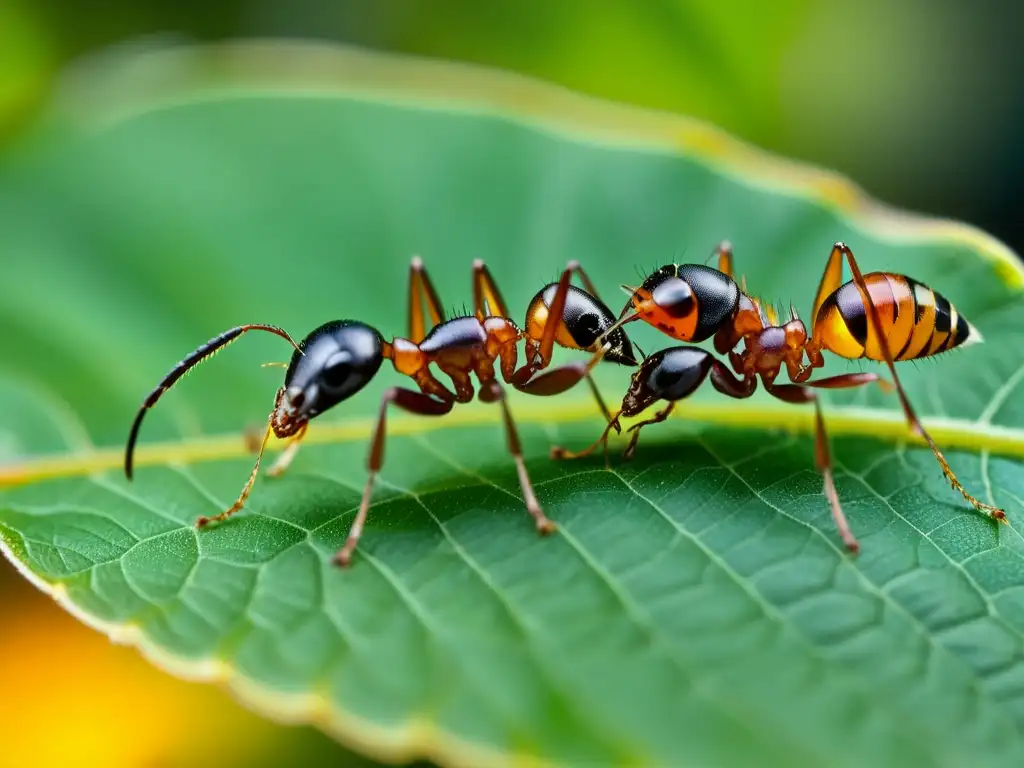 Un grupo de coloridas hormigas en una hoja verde, con detalles minuciosos de sus cuerpos y alas