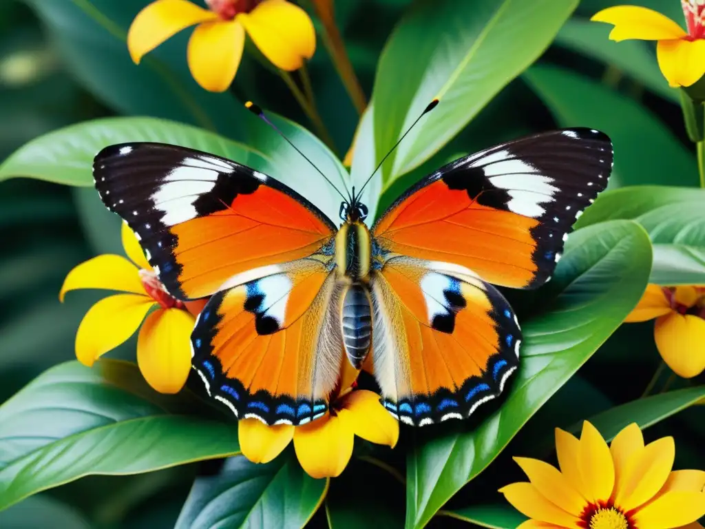 Un grupo de coloridas mariposas posadas en flores tropicales, destacando la diversidad y belleza natural