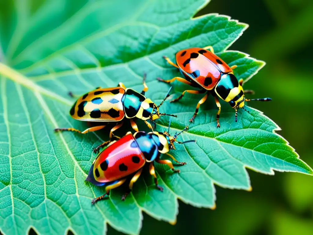 Un grupo de coloridos escarabajos en una hoja verde, mostrando la fascinante entomología aplicada para especialistas