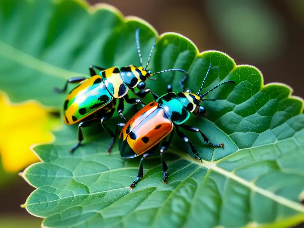 Un grupo de coloridos escarabajos en una hoja verde, mostrando sus patrones e iridiscencia