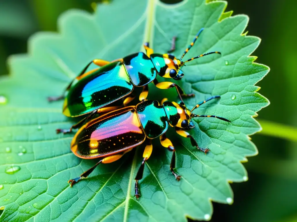 Un grupo de coloridos escarabajos se arrastra sobre una hoja verde vibrante, mostrando sus intrincados exoesqueletos y delicadas alas transparentes