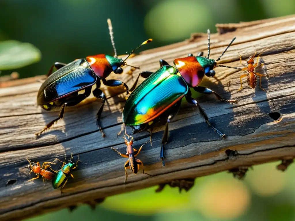 Un grupo de coloridos escarabajos y hormigas en un tronco en descomposición, mostrando la importancia de los insectos en descomposición