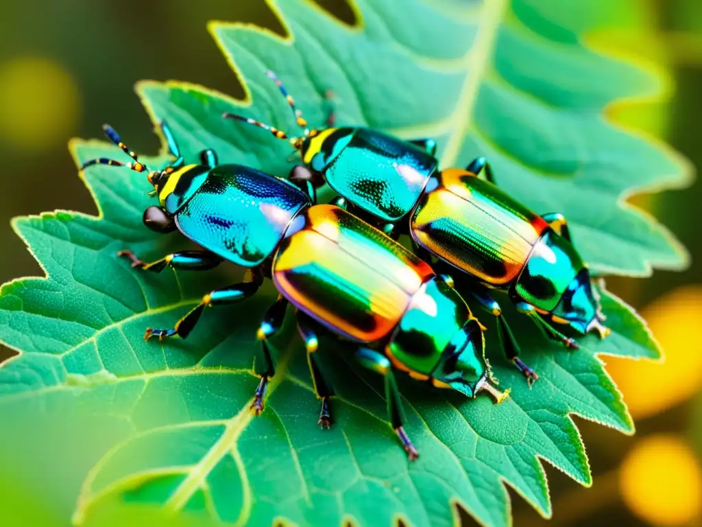 Un grupo de coloridos escarabajos iridiscentes se arrastra sobre una hoja verde brillante, destacando la importancia ecológica de incluir insectos