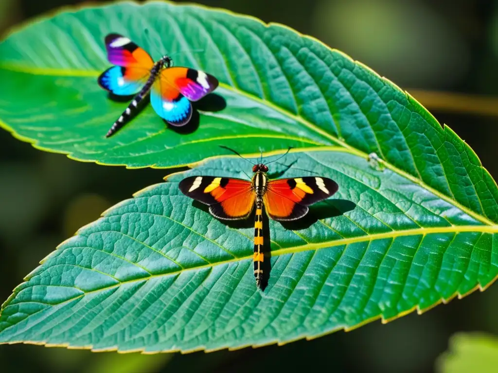 Un grupo de coloridos insectos en una hoja verde en el bosque