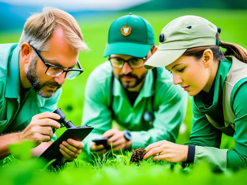 Un grupo de entomólogos, equipados y concentrados, observan insectos en un campo exuberante