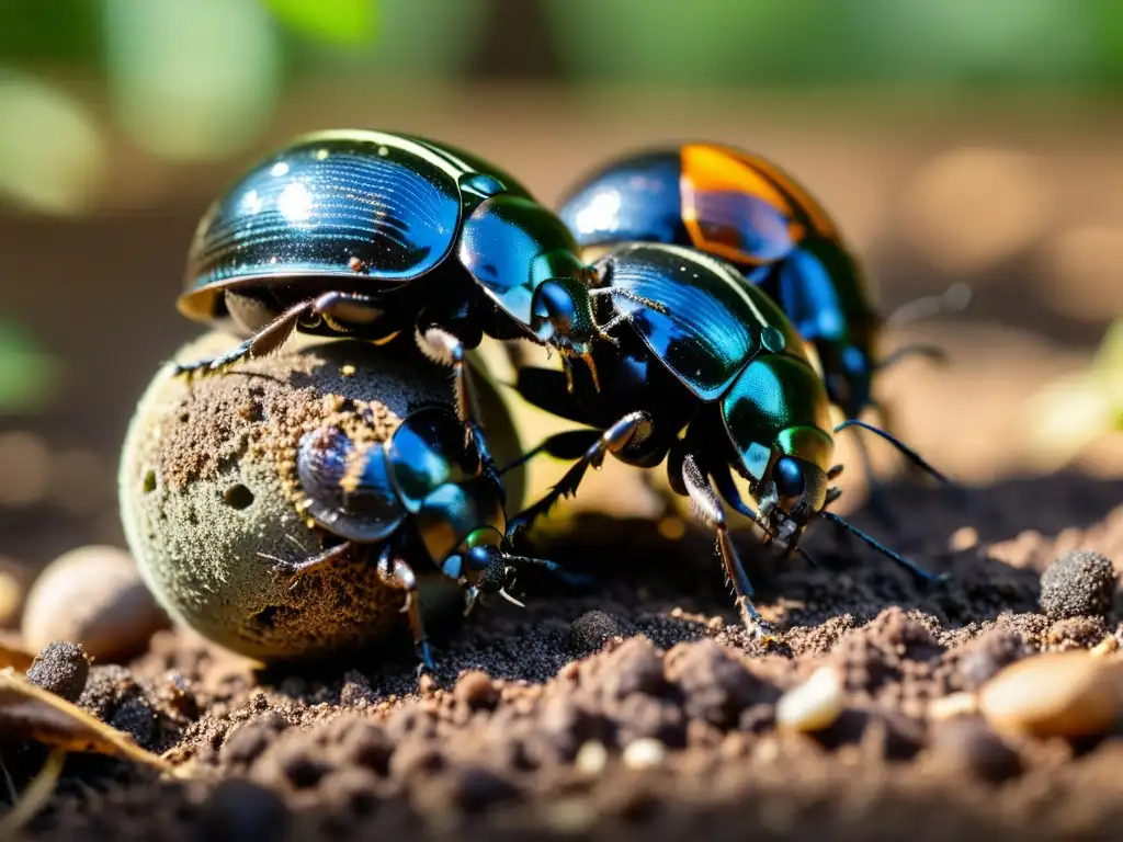 Un grupo de escarabajos rodando una bola de estiércol en el suelo del bosque, resaltando la importancia de los insectos en descomposición