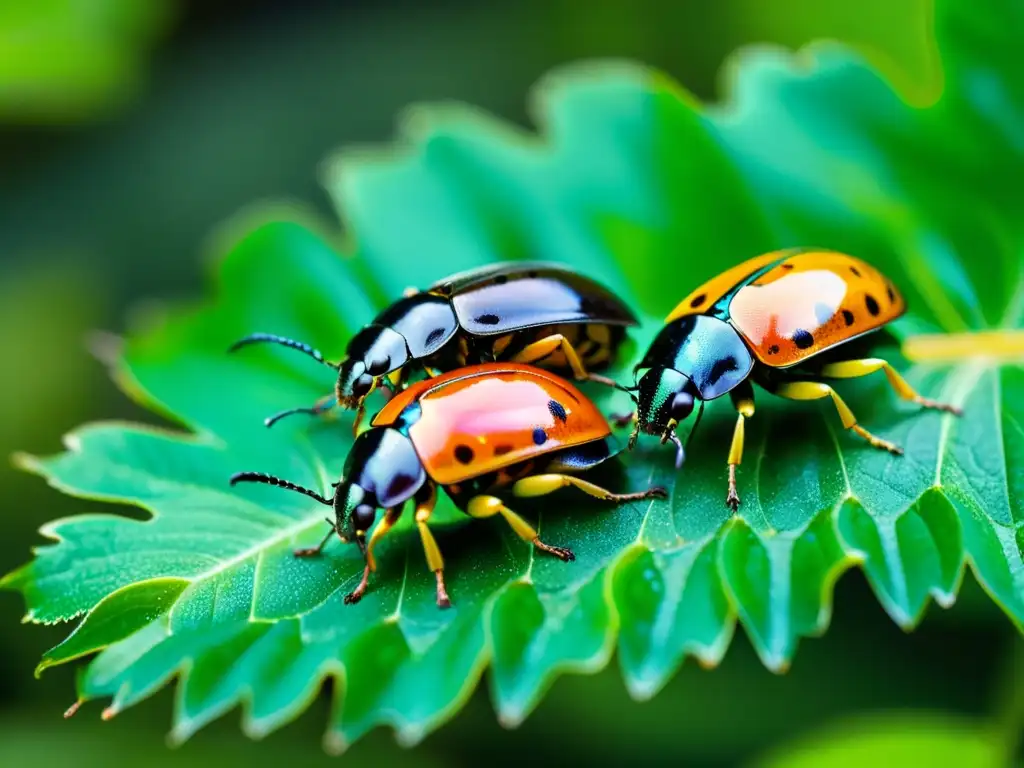 Grupo de escarabajos coloridos en hoja verde con gotas de agua, resaltando biodiversidad y suplementos derivados insectos proteínas