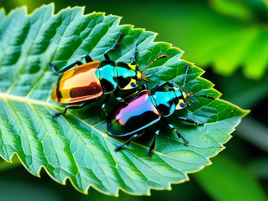 Un grupo de escarabajos coloridos en una hoja verde brillante, mostrando la diversidad de la vida insecto con detalle