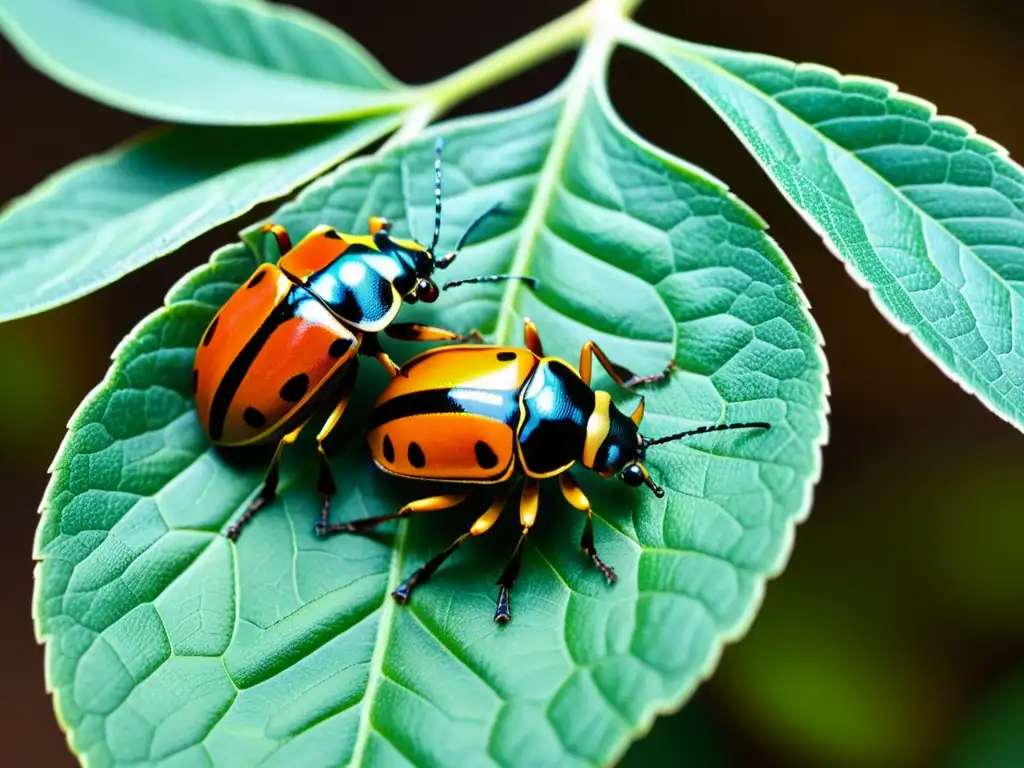 Un grupo de escarabajos coloridos se arrastra sobre hojas verdes