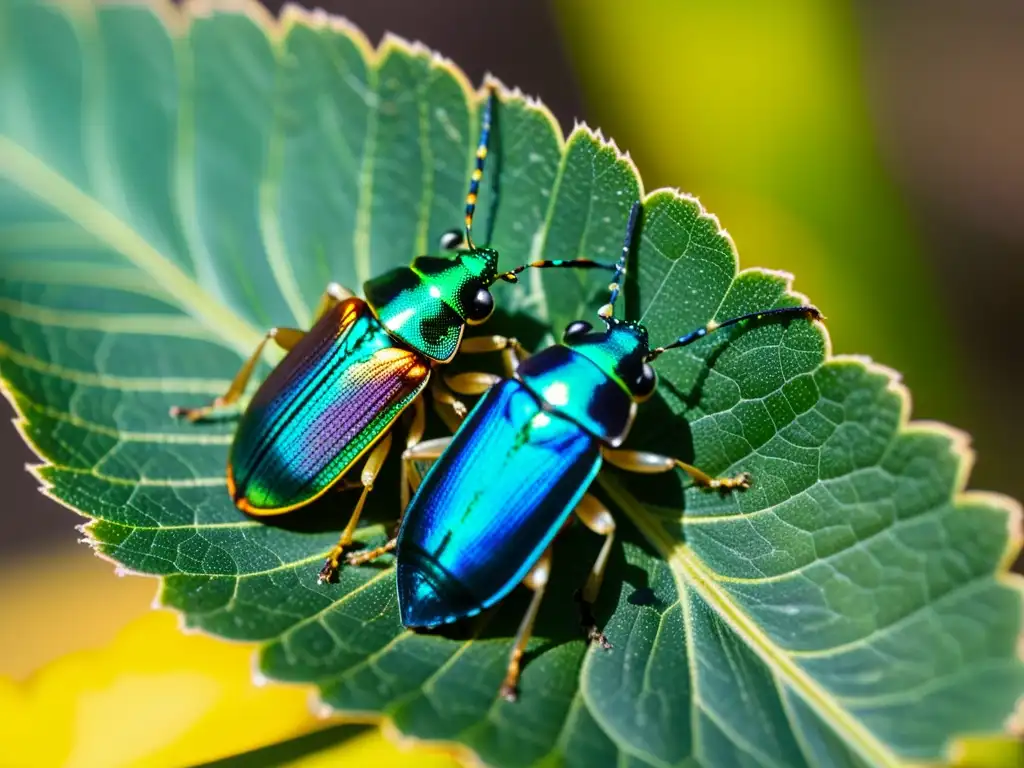 Grupo de escarabajos iridiscentes en hoja, destacando mutaciones beneficiosas en insectos nichos ecológicos