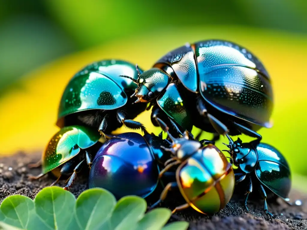 Un grupo de escarabajos recicladores de residuos rueda una bola de excremento entre la exuberante vegetación, mostrando sus patrones y colores iridiscentes