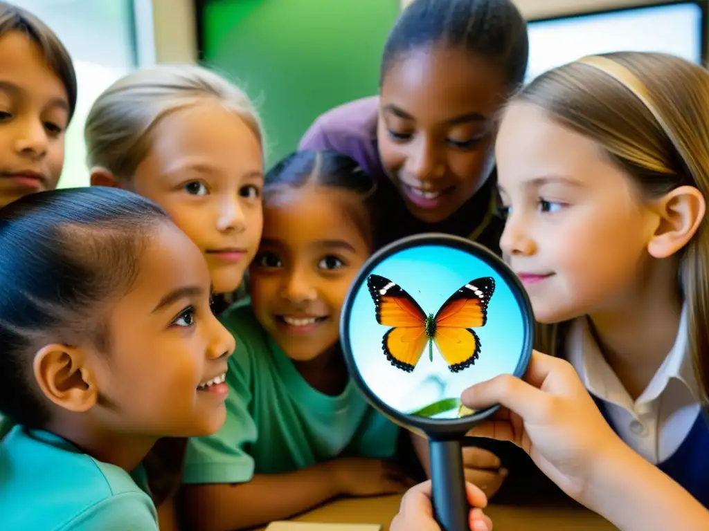 Grupo escolar observa mariposa a través de lupa, enseñanza de entomología en escuelas