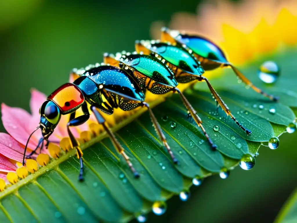 Grupo de exoesqueletos de insectos coloridos cubiertos de rocío en la suave luz matutina, resaltando la frescura y vitalidad