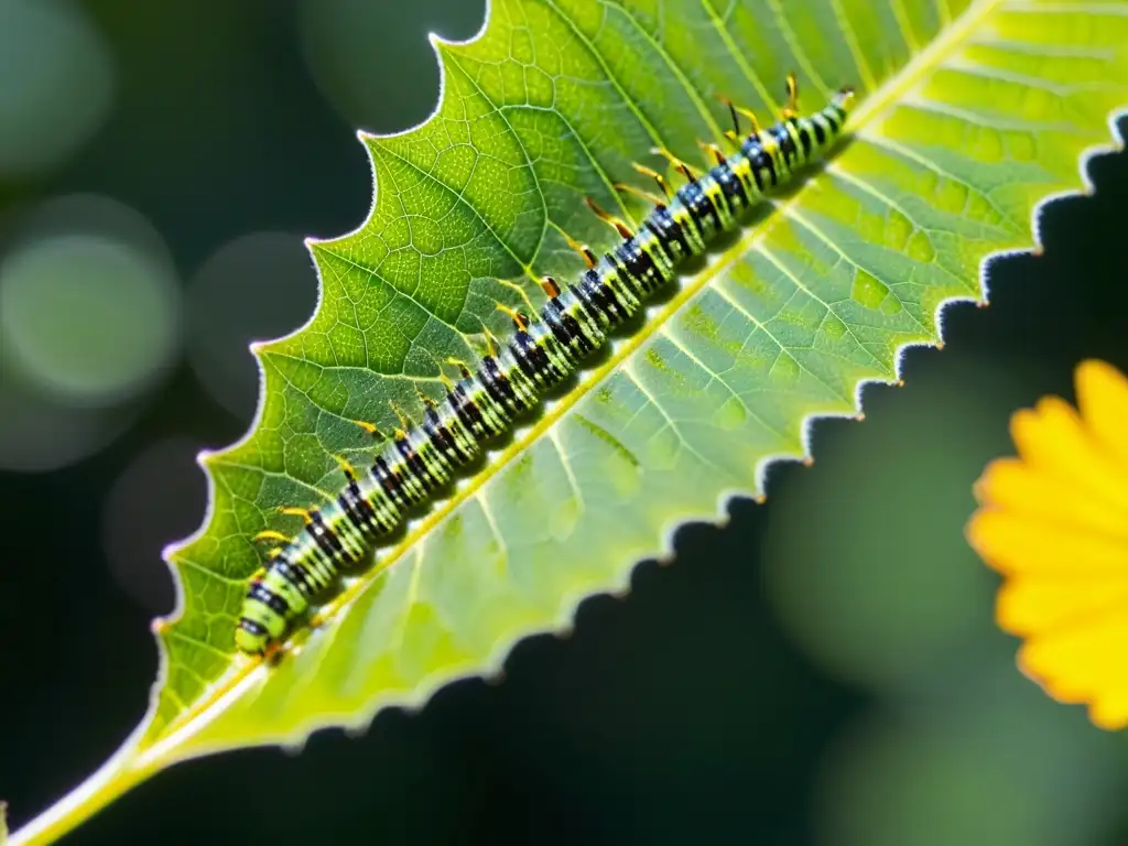 Grupo de fascinantes y resilientes orugas sobre una hoja verde, mostrando estrategias insectos cambio climático en close-up