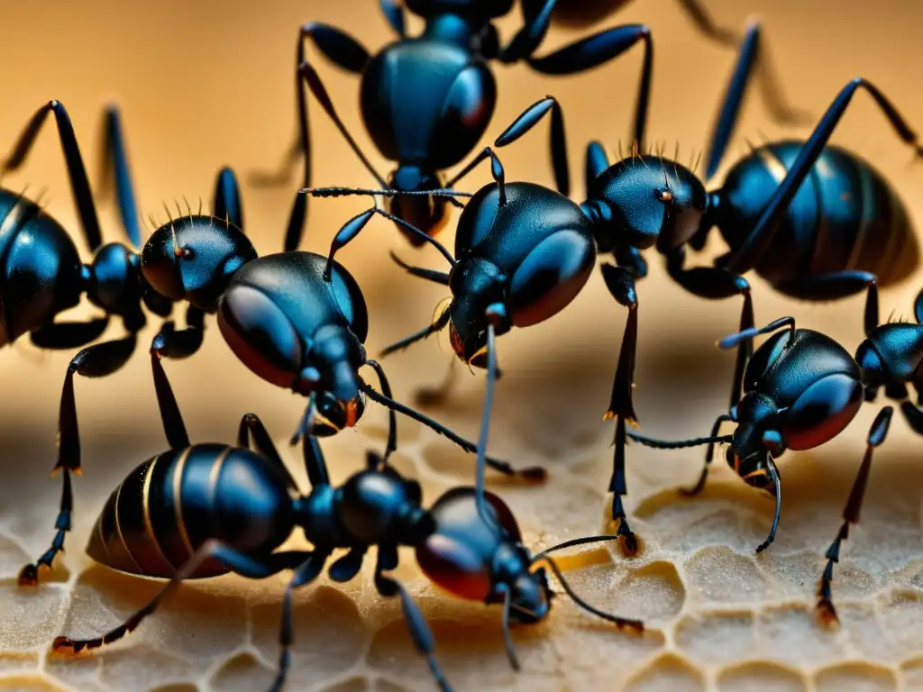 Grupo de hormigas comunicándose con sus antenas y feromonas, mostrando la compleja comunicación de insectos artrópodos