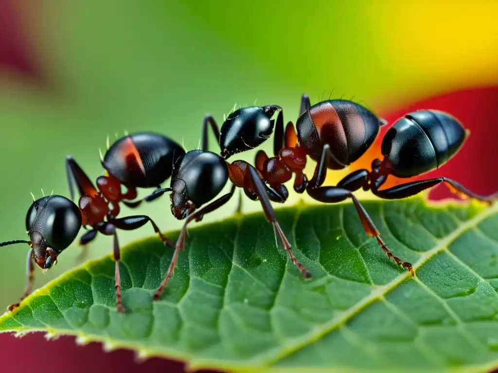 Un grupo de hormigas cuidando minuciosamente bacterias rojas carmínica en una hoja