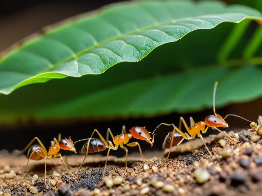 Grupo de hormigas cortadoras de hojas en su hábitat subterráneo, mostrando su trabajo en equipo y supervivencia en desafíos ambientales